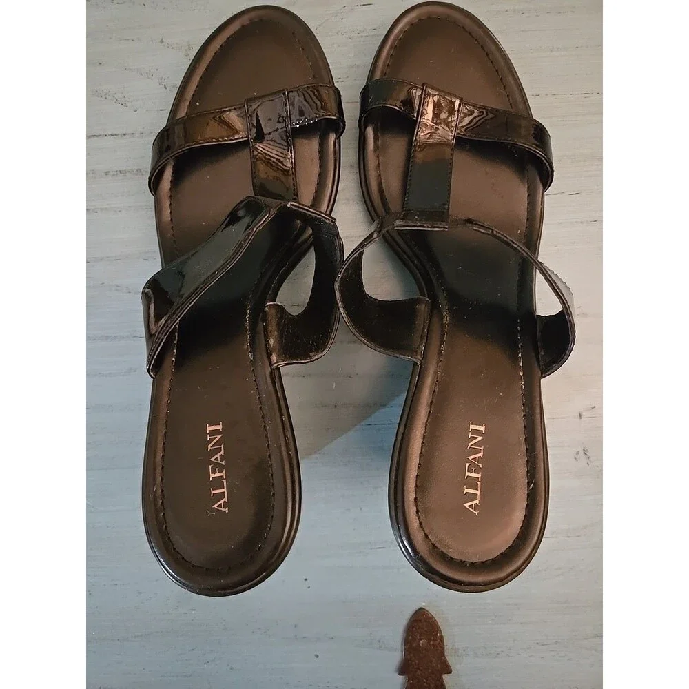 Alfani 9M Women's Black Patent Leather Slip On Wedge Double Strap Sandals Heel